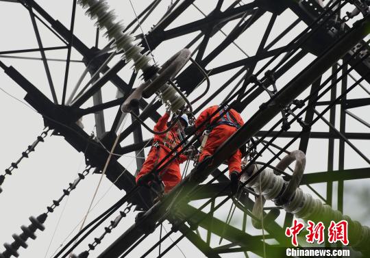 圖為電力工人在70多米高空作業(yè)，為特高壓復(fù)奉線重慶段進行八年來首次大修?！≈芤?攝
