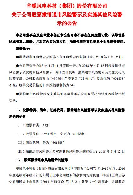華銳風(fēng)電退市風(fēng)險(xiǎn)警示及實(shí)施其他風(fēng)險(xiǎn)警示撤銷(xiāo)