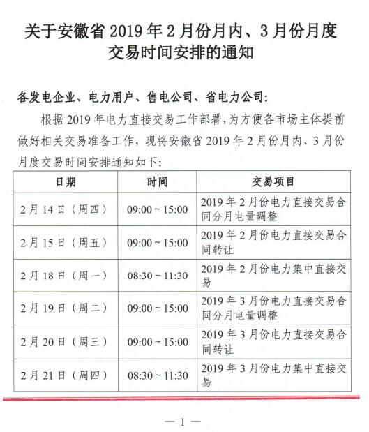  安徽2019年2月份月內(nèi)、3月份月度交易時間安排