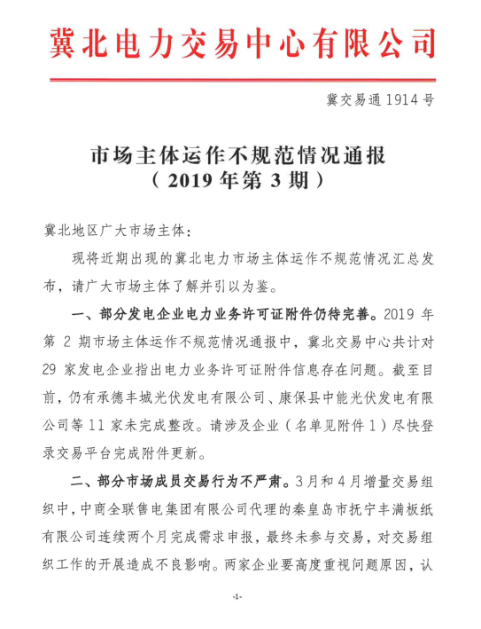 冀北2019年3月市場主體運(yùn)行不規(guī)范情況通報：部分市場成員交易行為不嚴(yán)肅