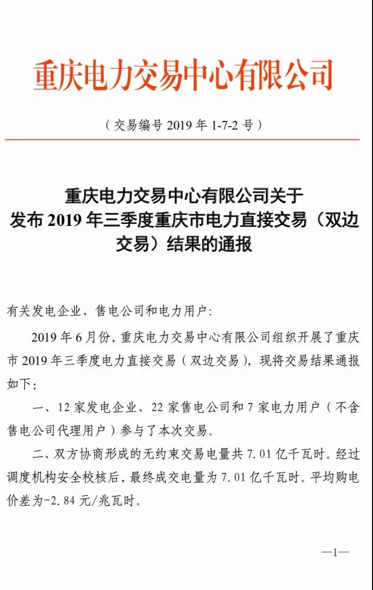 2019年三季度重慶市電力直接交易(雙邊交易)結(jié)果:平均購(gòu)電價(jià)差-2.84元/兆瓦時(shí)