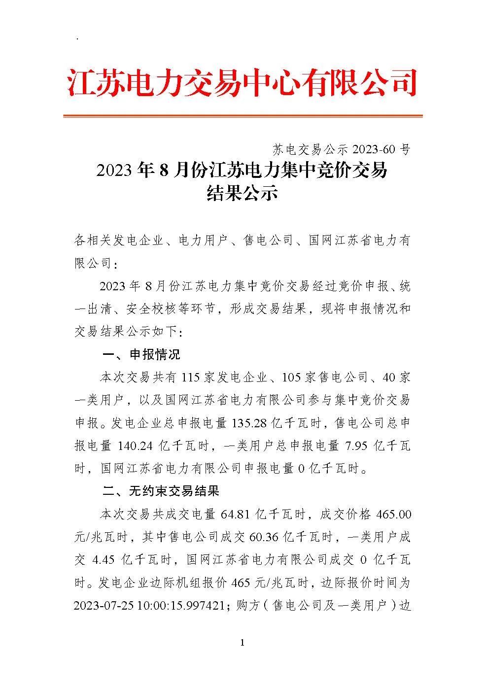 2023年8月份江蘇電力集中競價(jià)交易結(jié)果公布